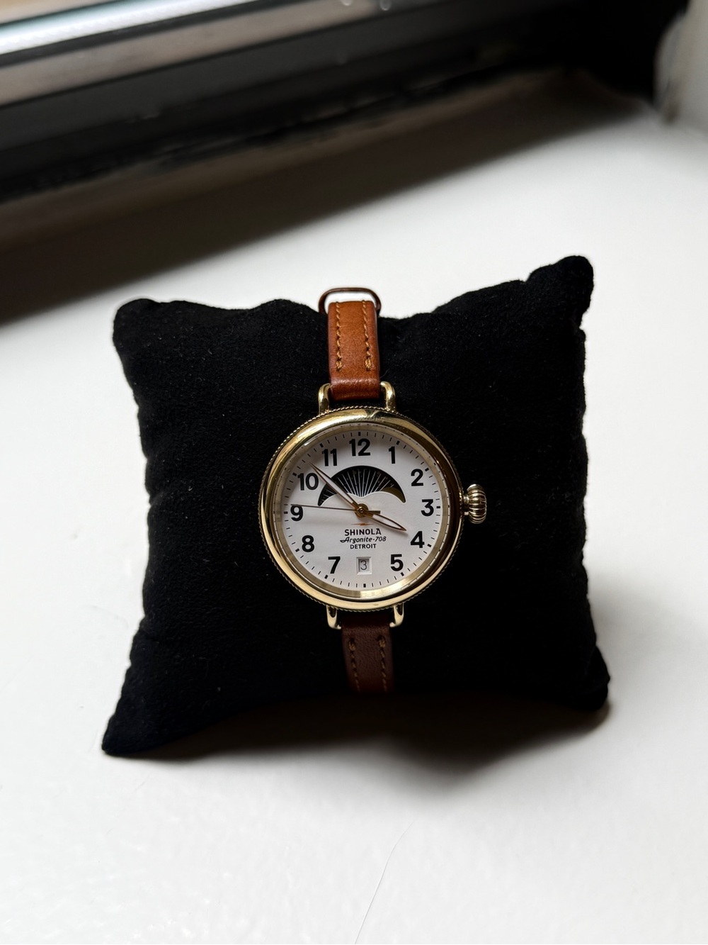 Shinola White Dial Watch with Brown Leather Strap and Gold Case